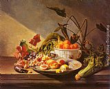 A Still Life With Fruit And Vegetables On A Table by David Emile Joseph de Noter